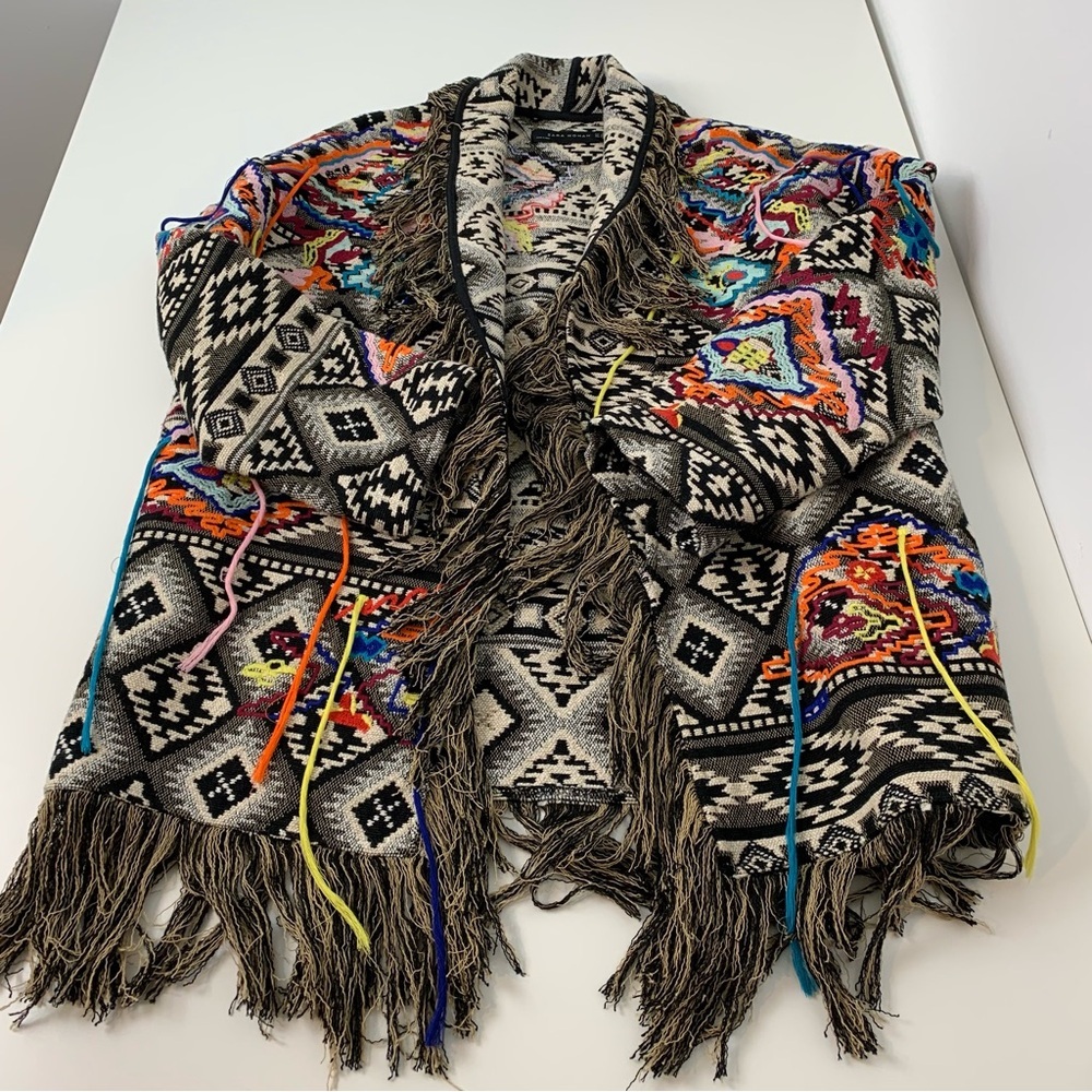 Zara Open Cardigan Jacket Tapestry Fringes Sz XS Oversized Multicolor Aztec Boho - Picture 6 of 15
